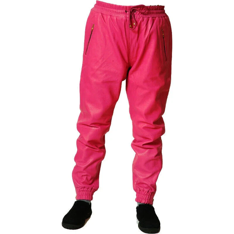 Men's Leather Pink Lambskin Sweat Pants/Jogger trousers Gym Casual Wear Pant