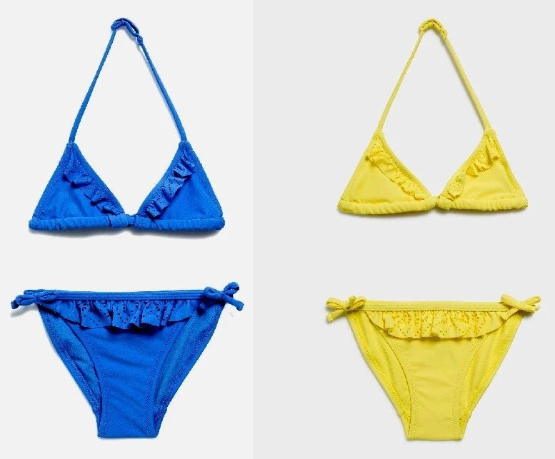 MAILLOT DE BAIN BIKINI 2 PIECES 3 4 5 ANS FILLE bleu jaune VOLANT étiq. 12,99€ - Photo 1/1