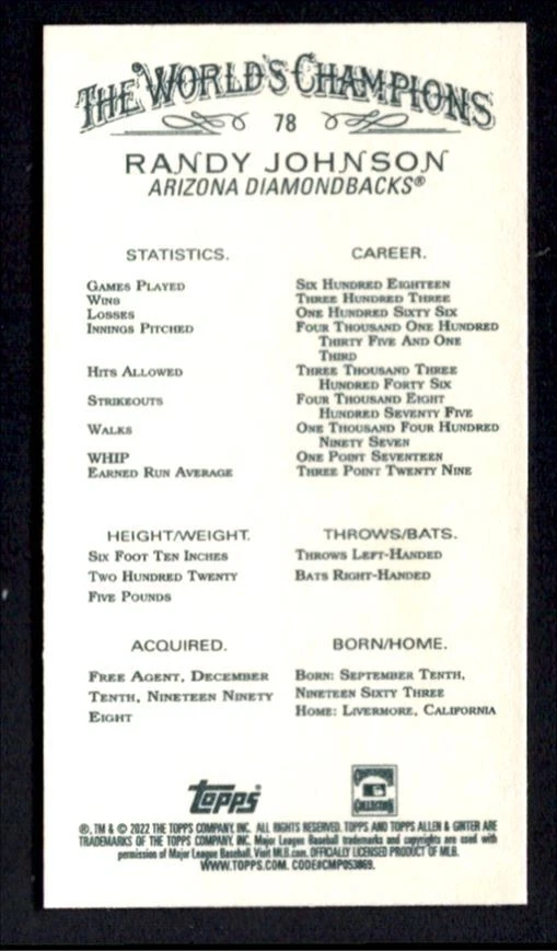 Randy Johnson 2022 Topps Allen & Ginter Mini Card Insert MLB Legend #78 Arizona - Image 2 of 2