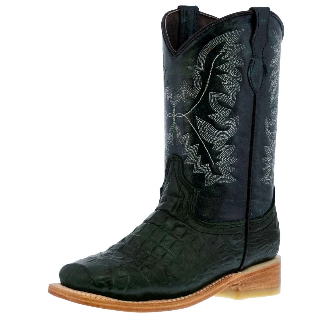 Kids Unisex Western Boots Alligator Pattern Leather Green Square
