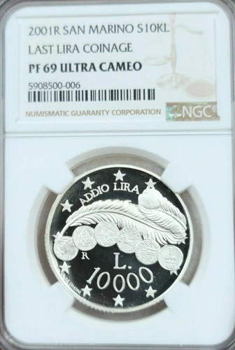 2001 SAN MARINO SILVER 10000 LIRE LAST LIRA COINAGE NGC PF 69 ULTRA CAMEO TOP