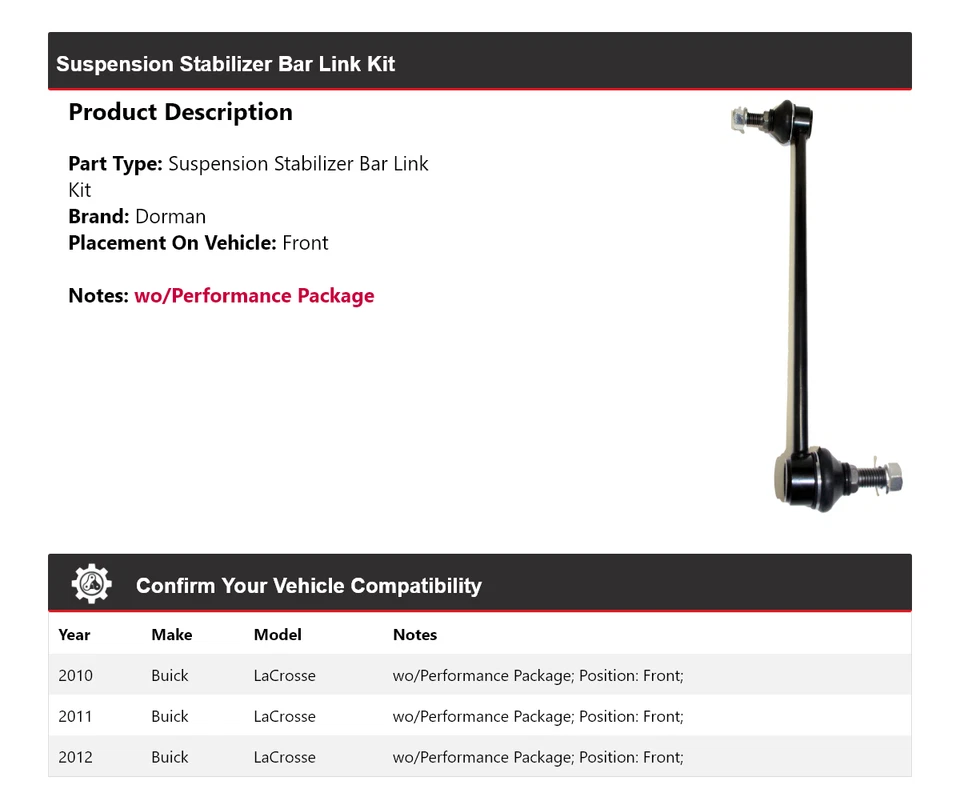 Kit de eslabones de barra estabilizadora de suspensión delantera para Buick LaCrosse Dorman 2010-2012 Foto 2 de 4