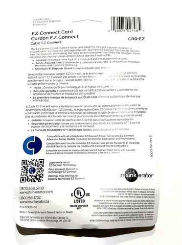 NEW! InSinkerator EZ Connect Cord CRD-EZ 3’ UL Listed Cord Wall Outlet Plug - Picture 2 of 2