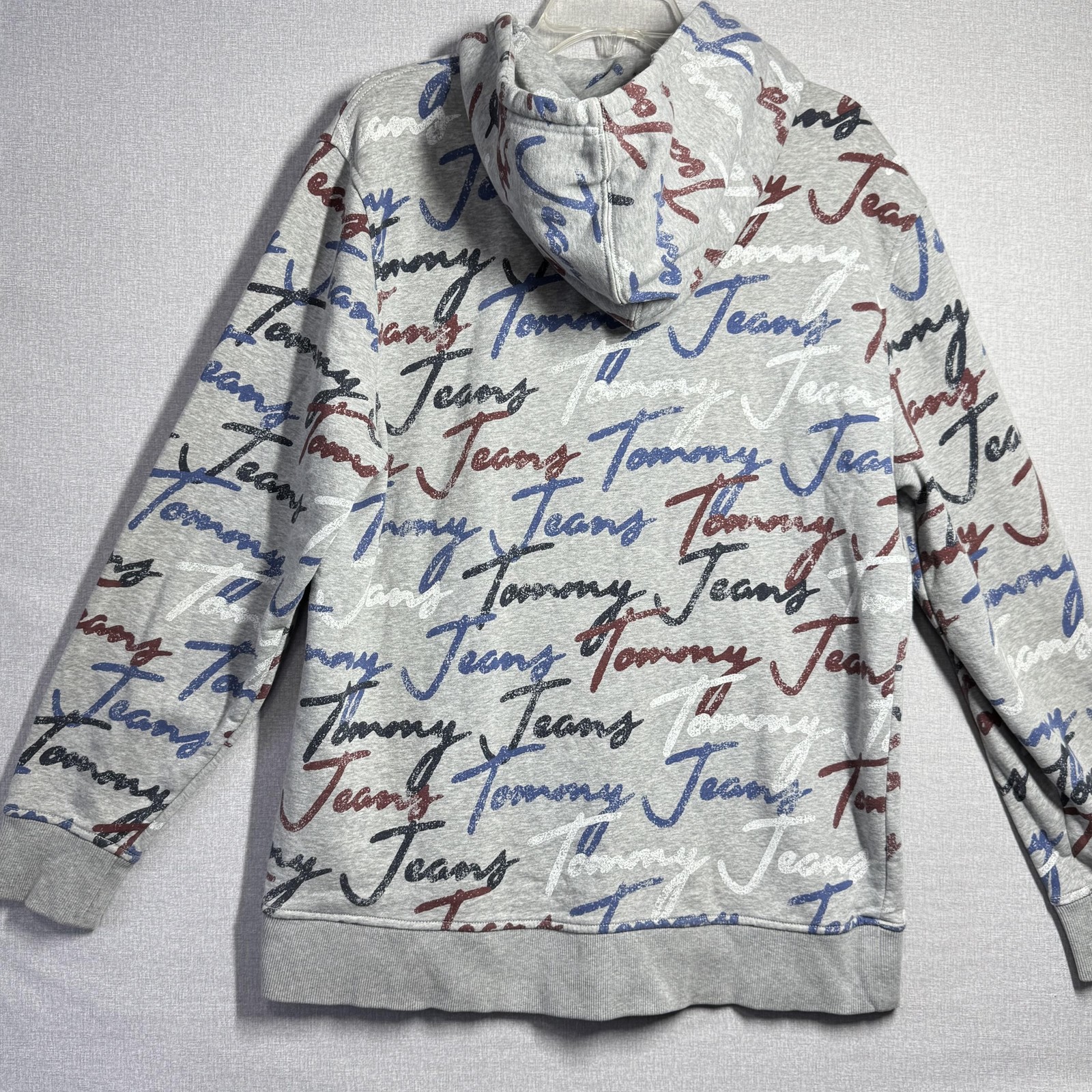 Tommy Jeans Hoodie Mens Large Gray Allover Graphic Logo Script Fleece Pullover thumbnail 2