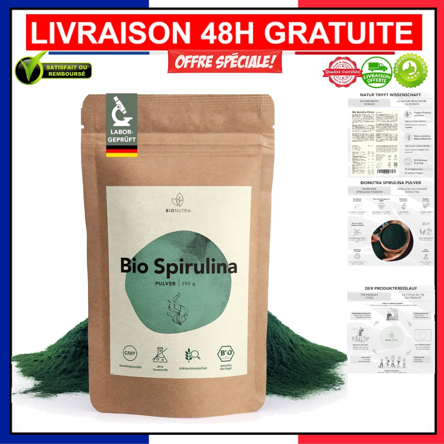 Spiruline pure écologique BIONUTRA le super-aliment de vos smoothies matinaux