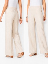 Talbots Linen Wide Leg Pants Beige High Rise Side Button Size 14 100 Linen