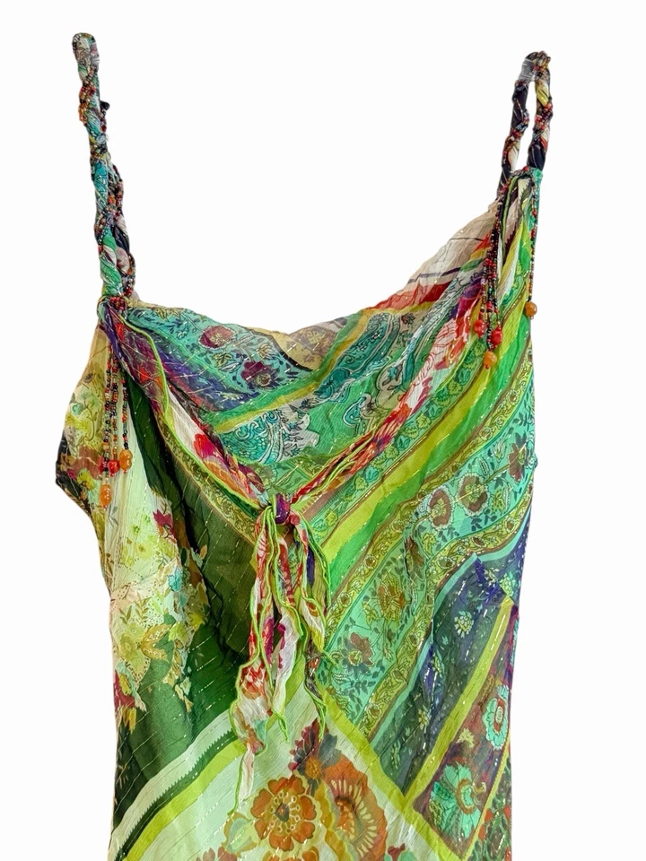 Vintage Y2K Cache Silk Dress Size 2 Beaded Asymmetric Bias Boho Fairy Whimsical - image 3 of 4