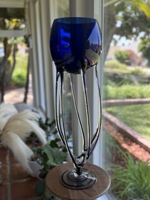 Jozefina Krosno Cobalt Blue Art Glass Floor Vase Jellyfish Pedestal 24 