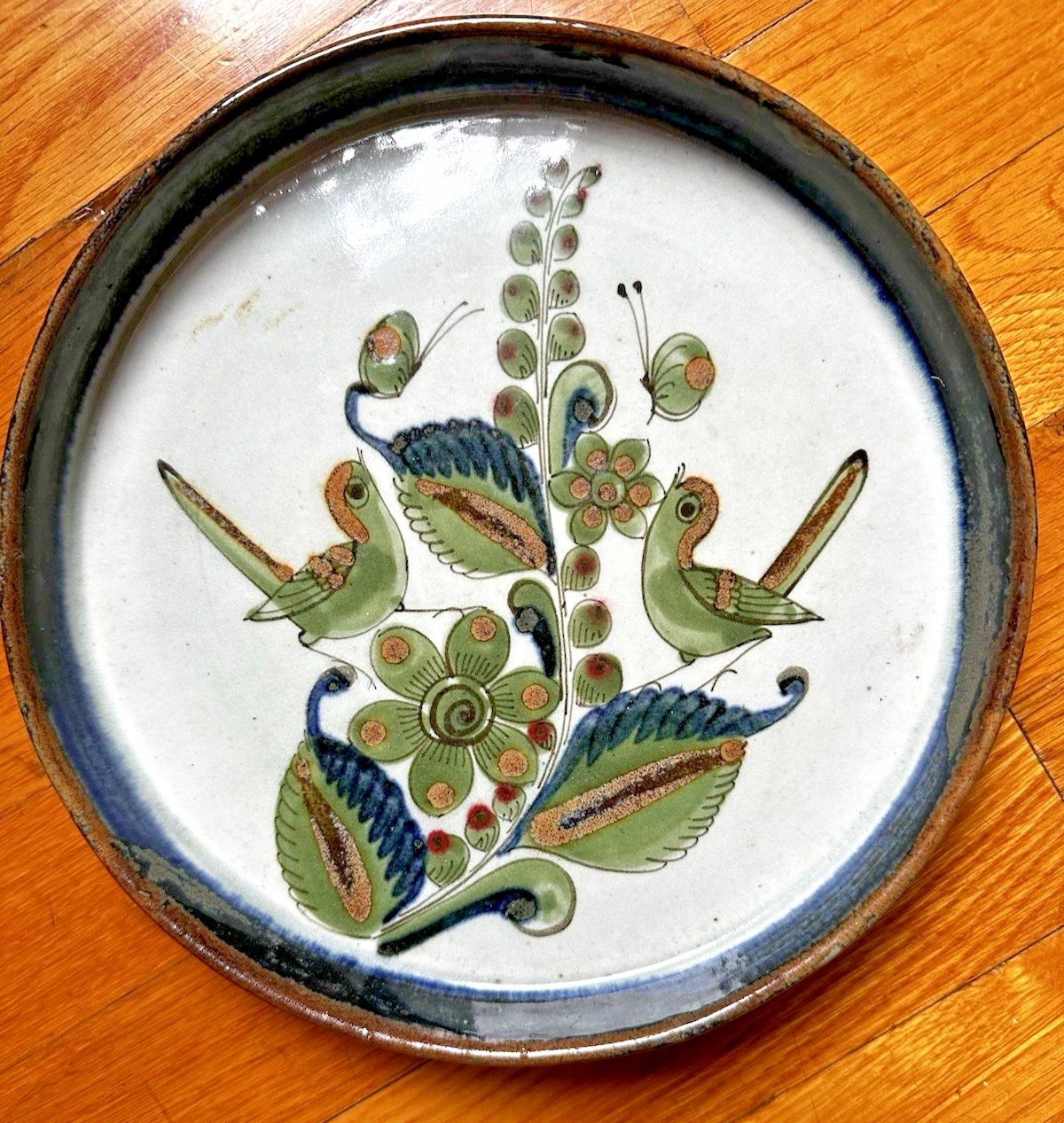 TONALA Mexican Pottery 1.25" Depth Rimmed Pie Plate Dish Blue Green Floral Birds