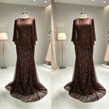 Brown Pearl Mixed Mother of The Bride Dresses Round Neck Wedding Evening Gown