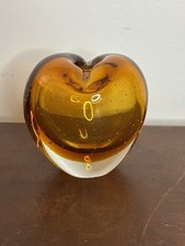 Amber Art Glass Heart Shaped Bud Vase Clear Cased Paperweight Figure 3.5"