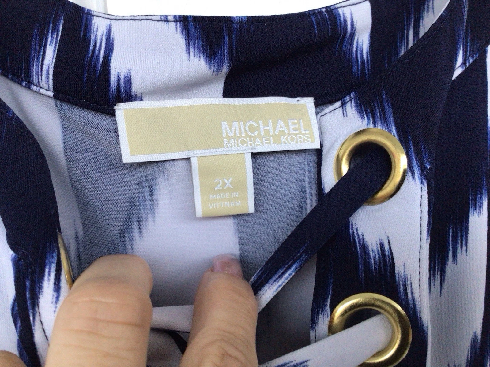Abito tunica smanicato Michael Michael Kors blu navy bianco zig zag midi taglia 2X.
