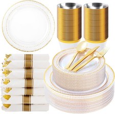 350PCS Clear Plastic Plates with Gold Trim for 50 Guests, Disposable Dinnerware