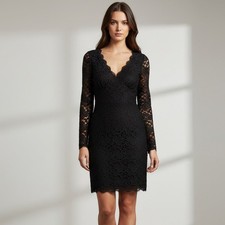 Adrianna Papell Evening Black Lace Overlay V-Neck Long-Sleeve Sheath Dress Sz 2