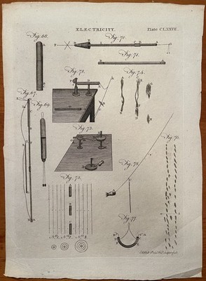 ANTIQUE ELECTROMETER & ELECTRIC BATTERY ENGRAVING 18TH C ANDREW BELL COULOMB