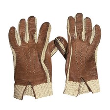 VTG Madova Firenze Gloves Cottagecore Brown Leather Sz 6 Crochet Knit Trim Italy