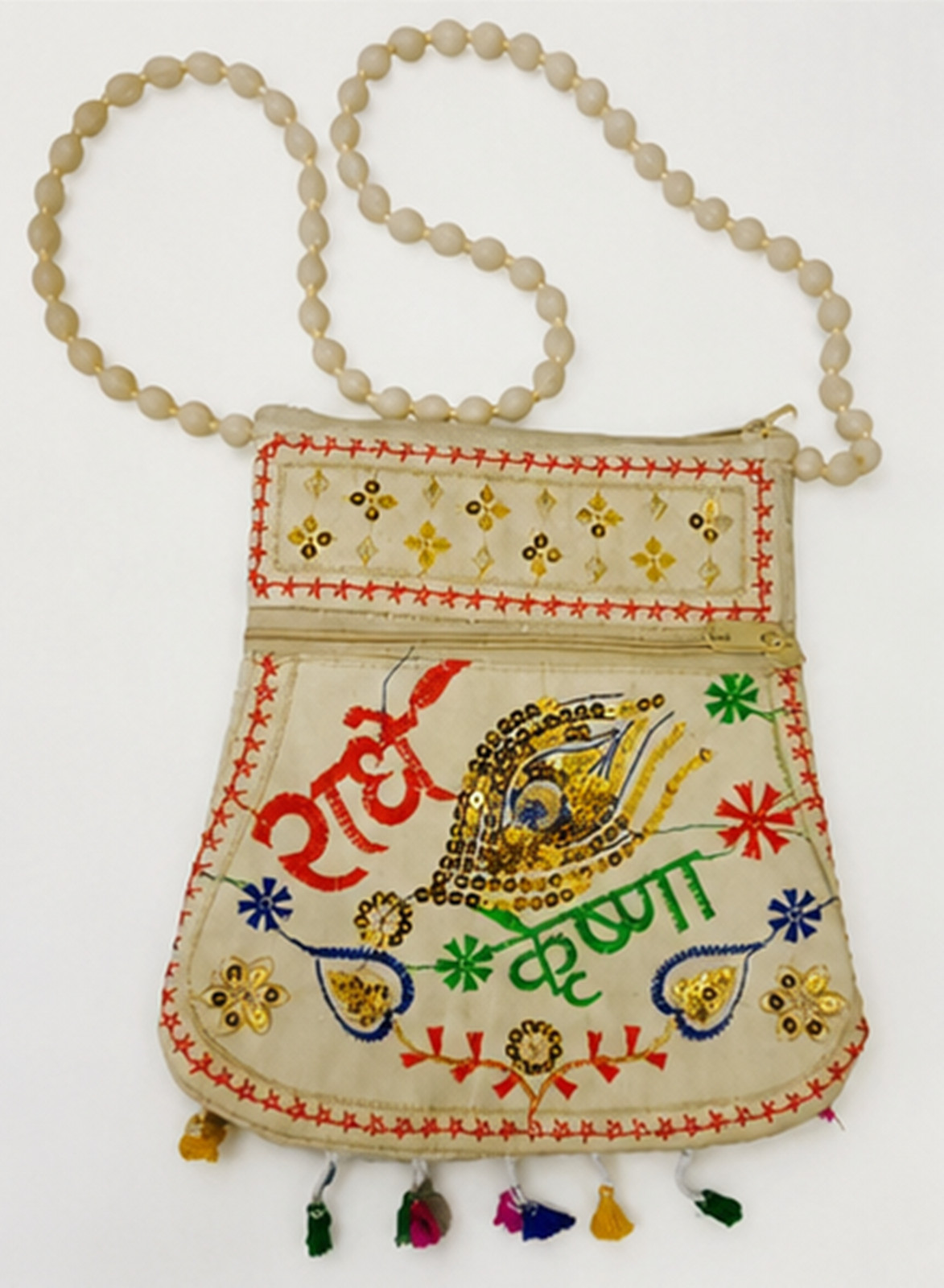 Bolso bandolera bordado Radhe Krishna hecho a mano, pluma de pavo real tradic...