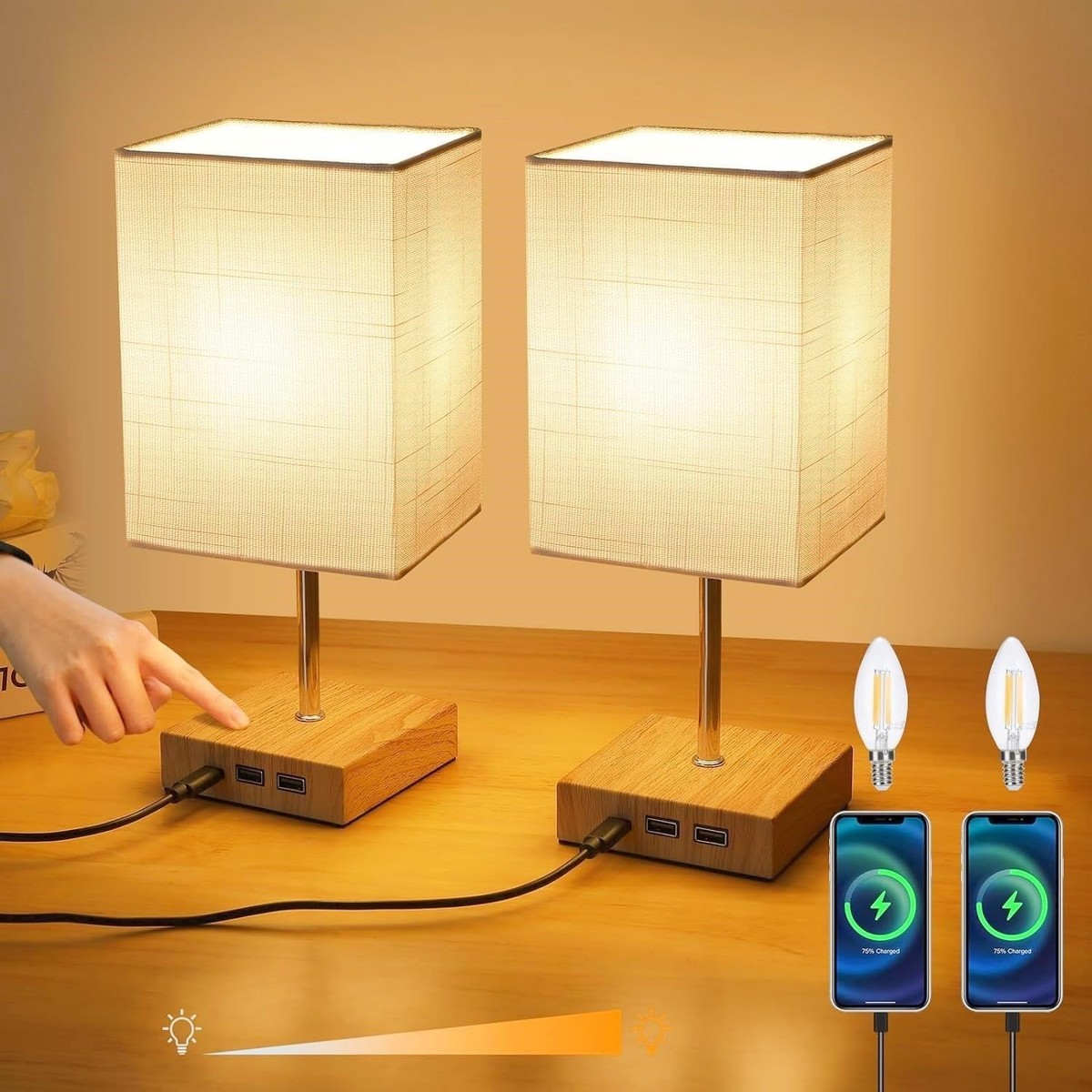 2x Touch Control Bedside Lamps 3-Way Dimmable Table Lamp with USB Charging  Ports