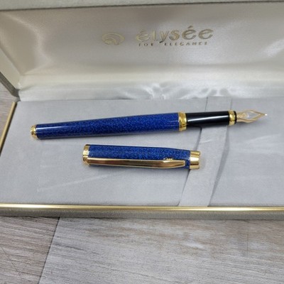 Vintage Elysee En Vogue Laque Fountain Pen Blue Marble Gold Nib M