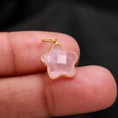 Natural Rose Quartz Gemstone Star Shape Charm Solid 18k Gold Women Charm Pendant