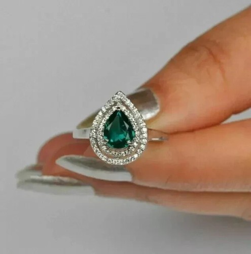 Natural Green Emerald 2Ct Pear Cut Halo Engagement Ring 14K White Gold Plated
