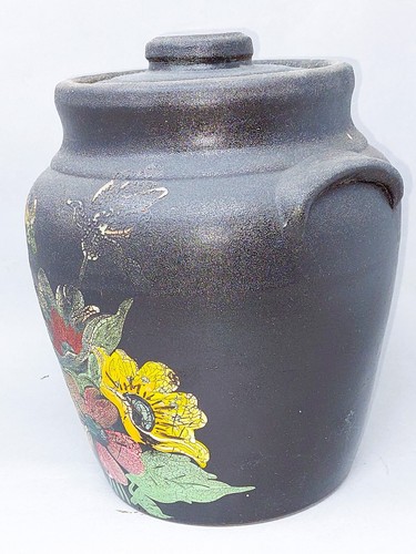 ANTIQUE COOKIE JAR FOLK ART PAINTED Vintage Pottery Stoneware Lid Crock Handles - Picture 2 of 8