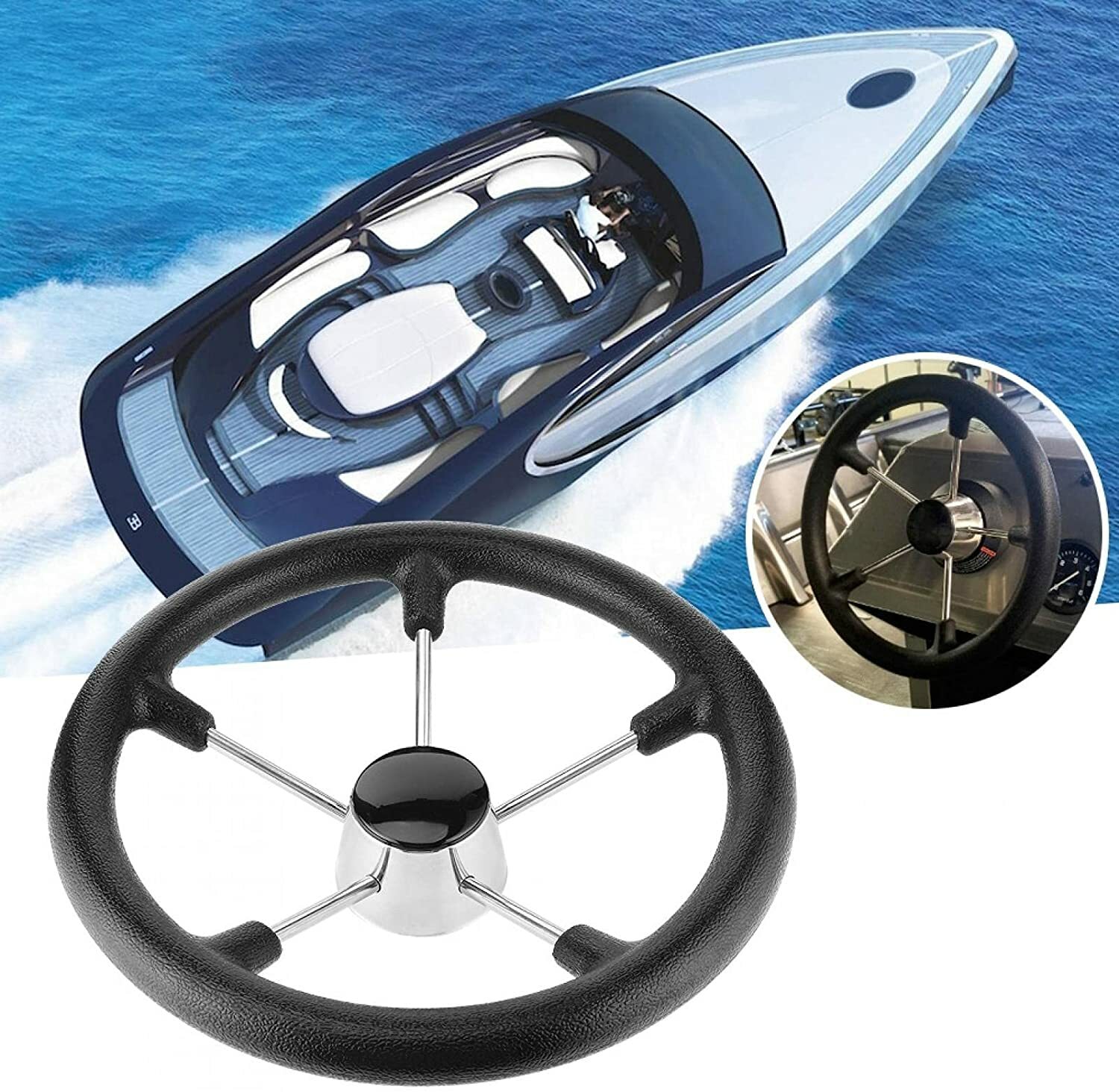 131/2"Boat Steering Wheel Stainless Steel 5 Spokes Black PU Foam Cover