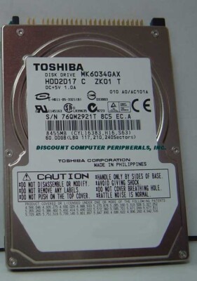 NEW MK6034GAX Toshiba HDD2D17 60GB 2.5'' 9.5MM IDE 44PIN Hard Drive NOS US Seller