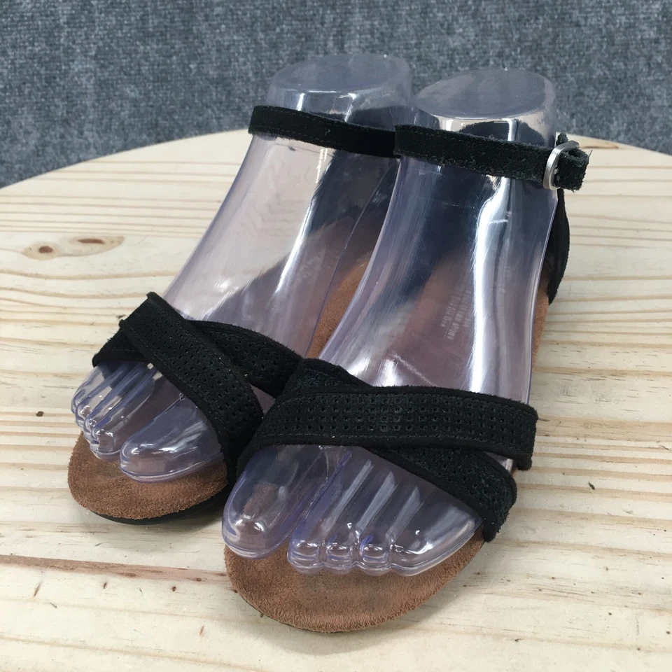 Toms 凉鞋女式青少年 2 踝带平底拖鞋扣舒适黑色麂皮绒 — 第 3/4 张图片