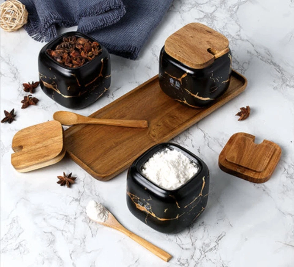 Tarros de especias - 3 frascos, bandeja de madera y 3 cucharas Foto 4 de 4