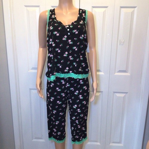 Mental Exhausted Damen 2-teiliges ärmelloses Capri-Pyjama-Set schwarz Blumenmuster 3X