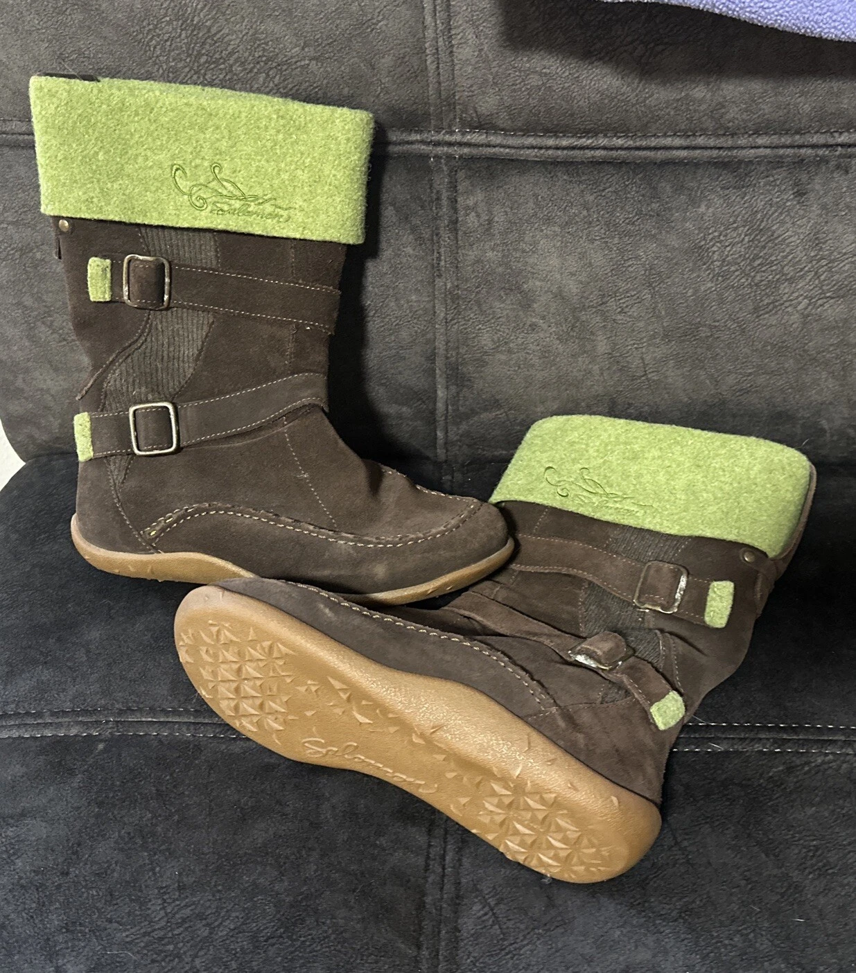 Stivali Salomon marrone rubino verde pelle scamosciata lana isolati grip donna taglia 7 5