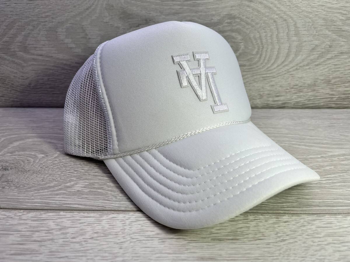 UPSIDE DOWN LA ALL WHITE CAP HAT 5 PANEL HIGH CROWN TRUCKER