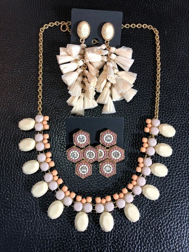 Gold Pastel MultiColor Bib Statement Necklace J Crew + 2 Pairs Earrings Lot 7647