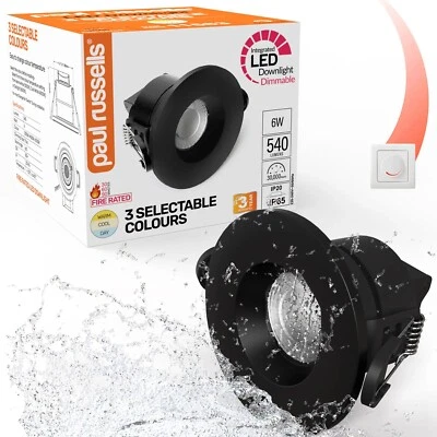PAUL RUSSELLS Fire Rated CCT LED Dimmable Downlight Bathroom Spotlights IP65 Black Cool White
