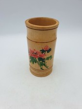 VTG CHINESE BAMBOO WOODEN HAND CARVED BRUSH POT VASE HAND PAINTED RED FLOWER