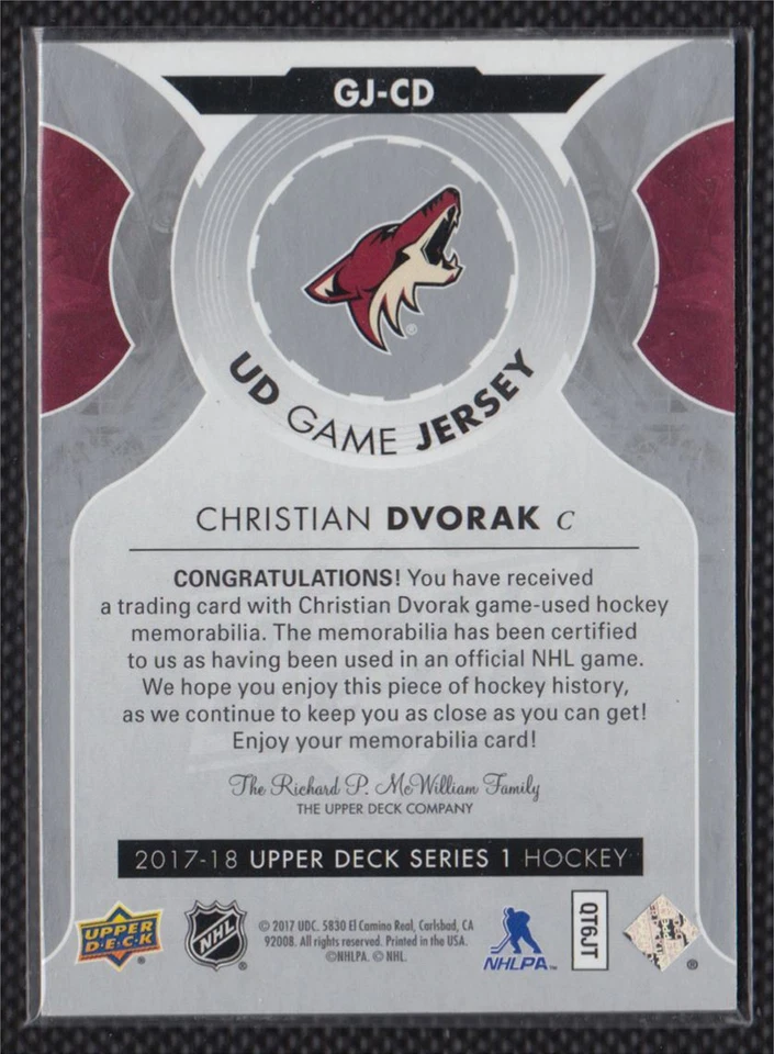 2017-18 Upper Deck UD Game Jerseys Christian Dvorak Arizona Coyotes #GJ-CD - Image 2 of 2
