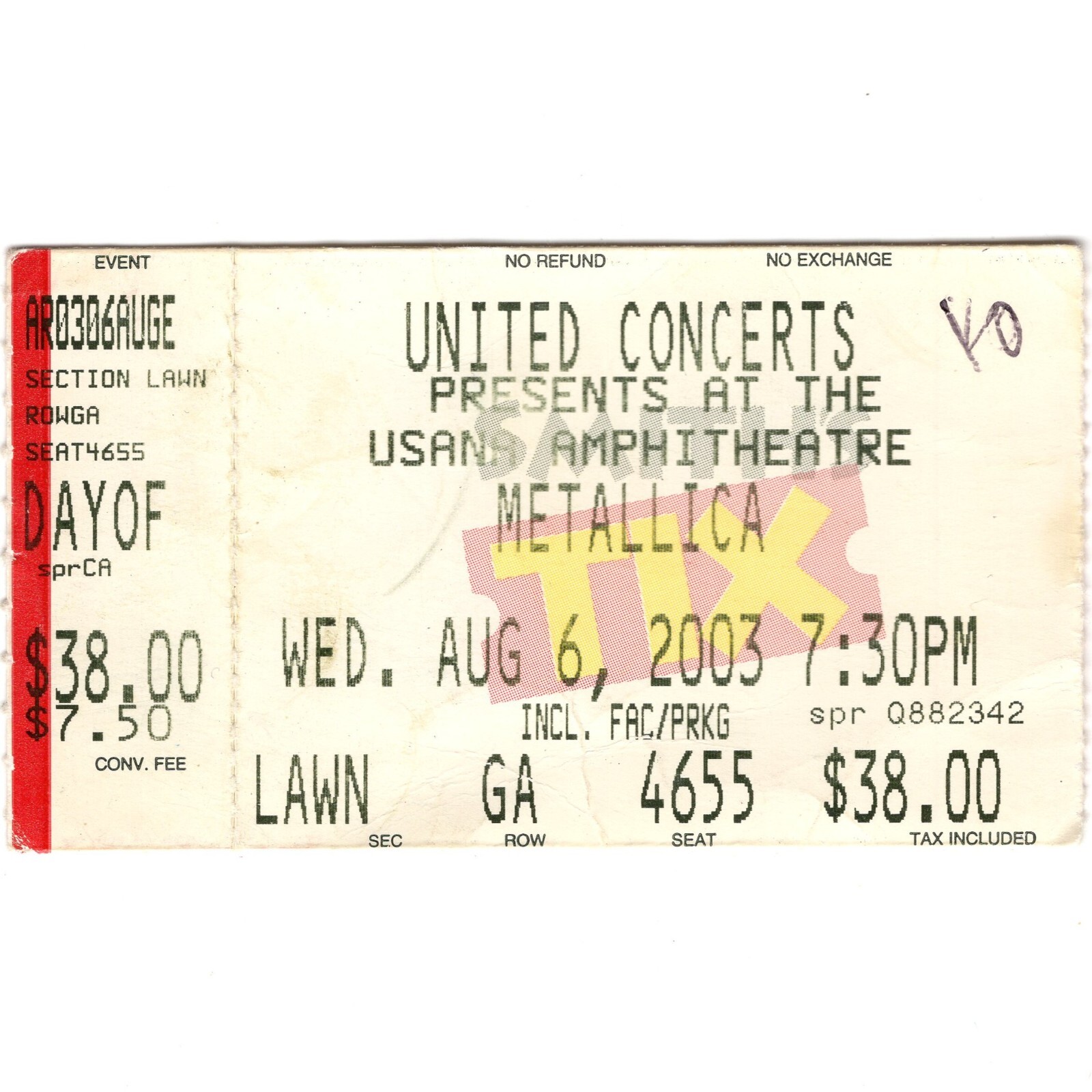 METALLICA Concert Ticket Stub WEST VALLEY CITY UT 8/6/03 SUMMER SANITARIUM Rare
