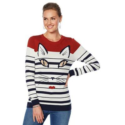 DG2 Diane Gilman STRIPED KITTY SWEATER   Rosetone/Gray choose Your Sizes.