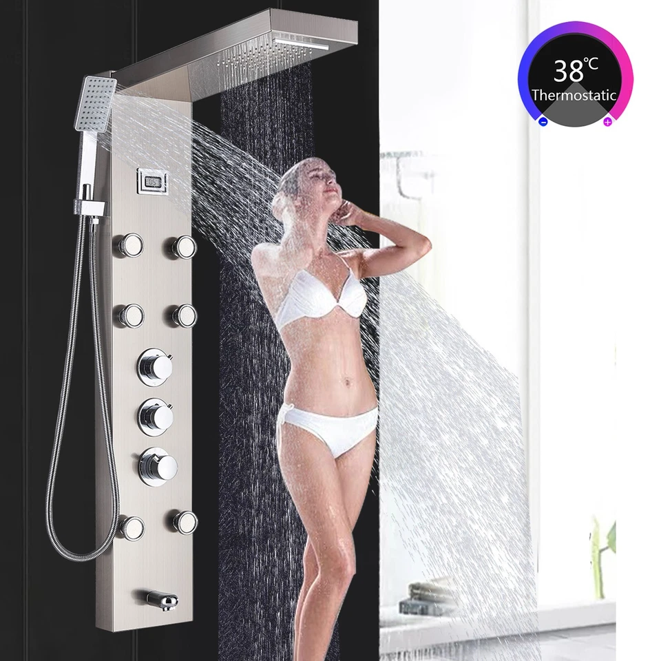 Colonne de Douche Thermostatique Acier Inox Panneau de douche 5 Fonctions Nickel - Photo 2/4