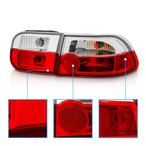 For 1992 1993 1994 1995 Honda Civic 2/4Dr Coupe/Sedan Red Clear Tail Lights Pair - Picture 4 of 7