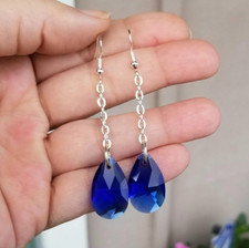 Large Australian Crystal Sapphire Earrings, Silver Sapphire Blue Dangle Earrings