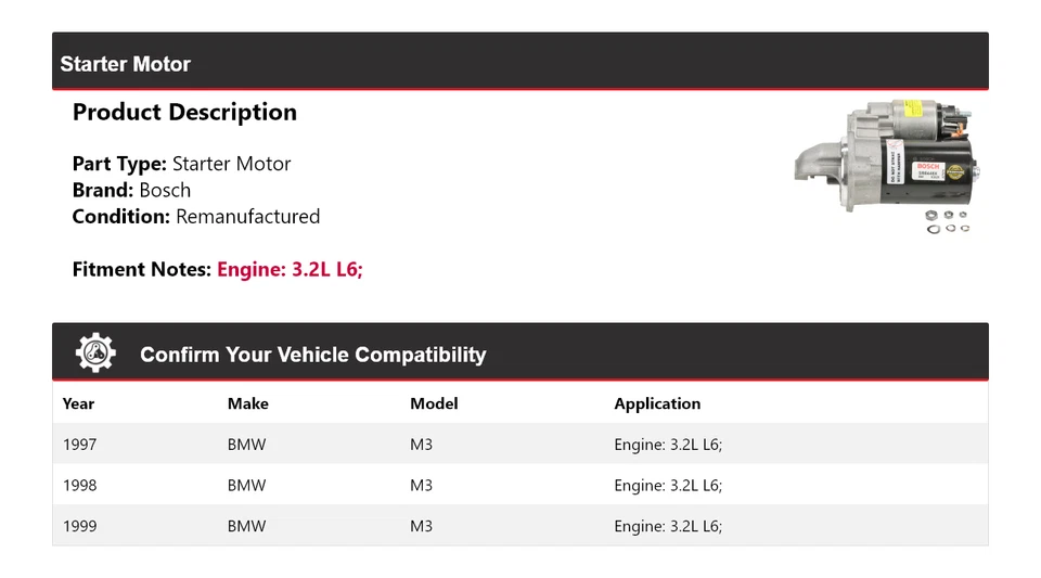 For 1997-1999 BMW M3 3.2L L6 Bosch Starter (Remanufactured) 1998 - Image 2 of 4