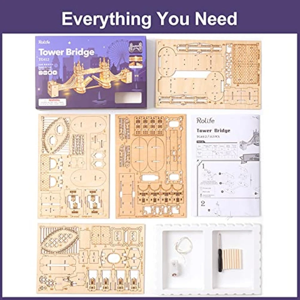 3D Wooden Puzzles London Tower Bridge Model Kit Led Light DIY Games Gift - Image 3 of 4