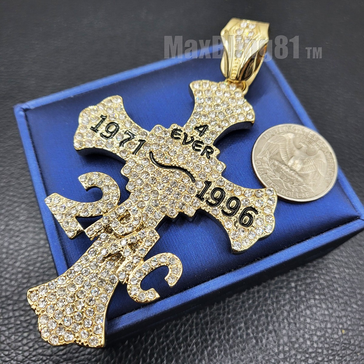 2PAC 4EVER MEMORIAL CROSS HIP HOP ICED CUBIC ZIRCONIA GOLD PLATED 