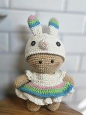 Handmade Amigurumi Little Girl With Removable Hat And Crocheted Dress.