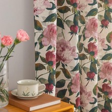 Pink Floral Curtains for Living Room 63 Inch Length, Linen Flower Printed Pat...