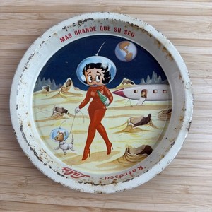 Vintage Mexican Betty Boop Lulu Soda Tip Tray Space Astronaut on Moon 6.25" Rare