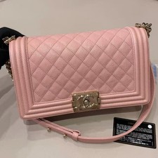 Auth Chanel Le Boy Medium Shoulder Bag Pink Caviar Leather Gold Chain Crossbody