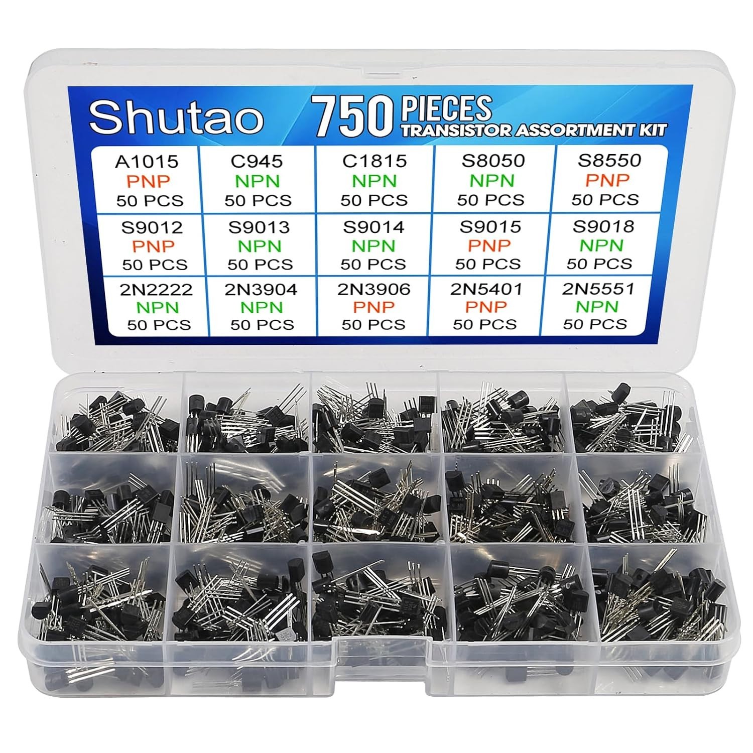 750 Pcs Transistor Kit A1015 C945 C1815 S8050 S8550 S9012 S9013 S9014 S9015